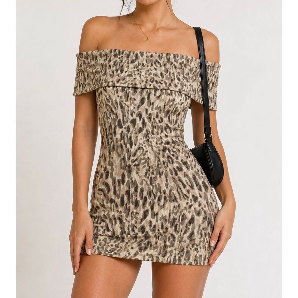 Pilcro Anthropologie Leopard Off Shoulder Ribbed Mini Dress XS Animal Print